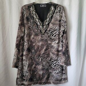 Zashi Blouse embellished beaded Lined animal print Tunic Large V-neck stretchy